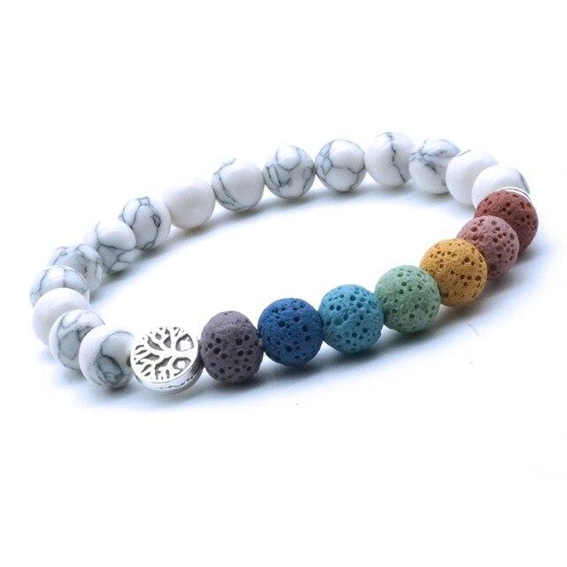 Tree of Life 7 Chakra Lava Stones and White Stone Bracelet - Chakras Store