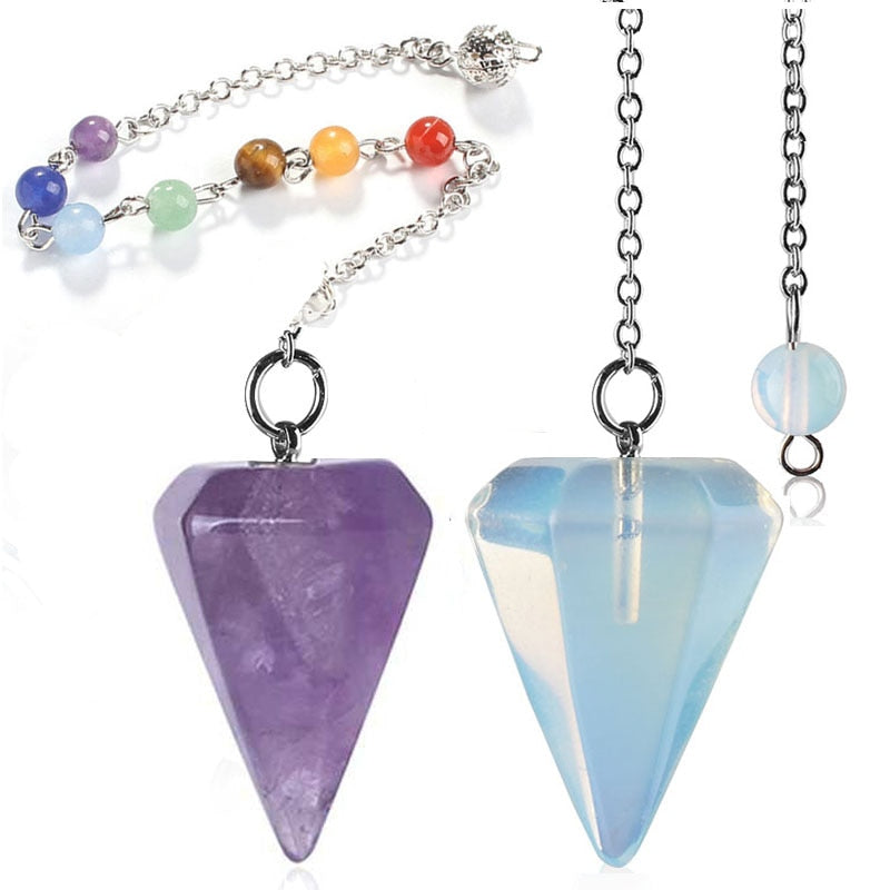 Small Size Stone Pendulum for Dowsing Amethysts Lapis Opal Crystal Cone Healing Chakra Chain Hexagonal Pendants Pendulo Jewelry - Chakras Store