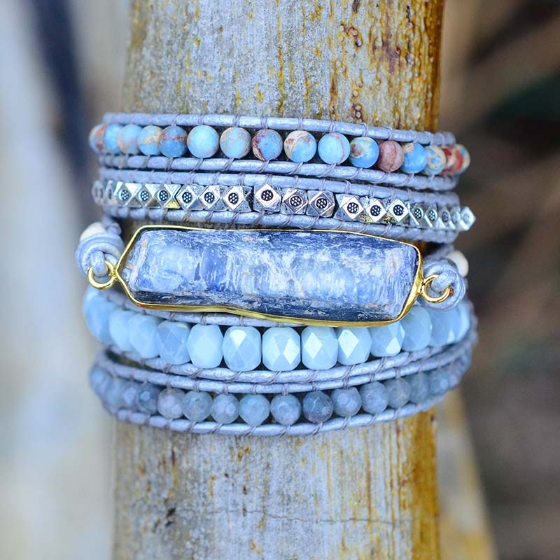 Energy Chakra Row Blue Topaz Wrist Handmade Vintage Jasper Bracelet Wrap Bracelet for Women Leather Bracelet Dropshippnig - Chakras Store